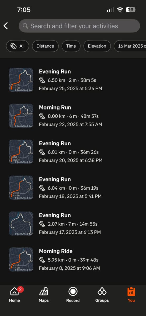 screenshot of a novice runners early weekly training log showing distance and pace