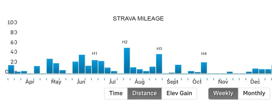 Graph showing novice runner inconsistent training and weekly mileage across 2025